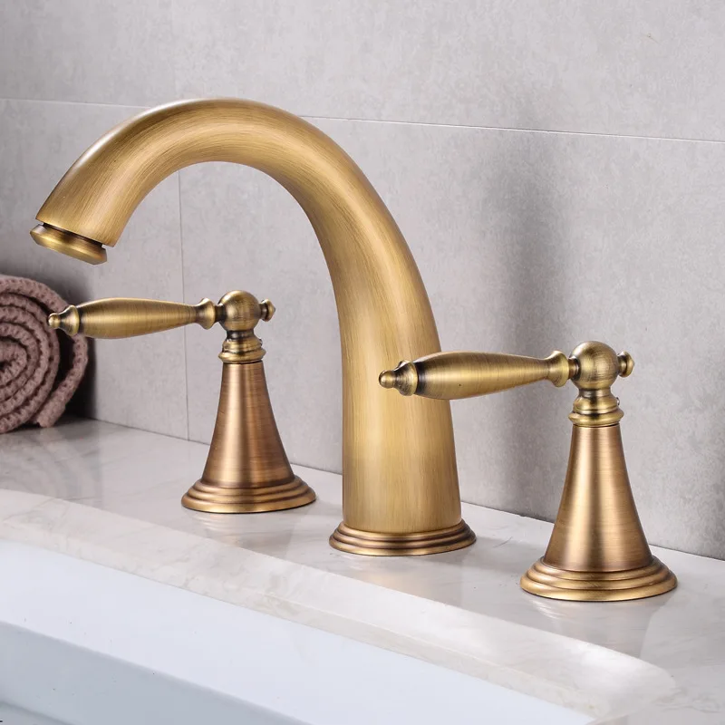 

Basin Faucets Antique Brass Deck Mounted Bathtub Mixer Faucet Dual Handle 3 hole Bathroom Faucet Hot Cold Water Tap