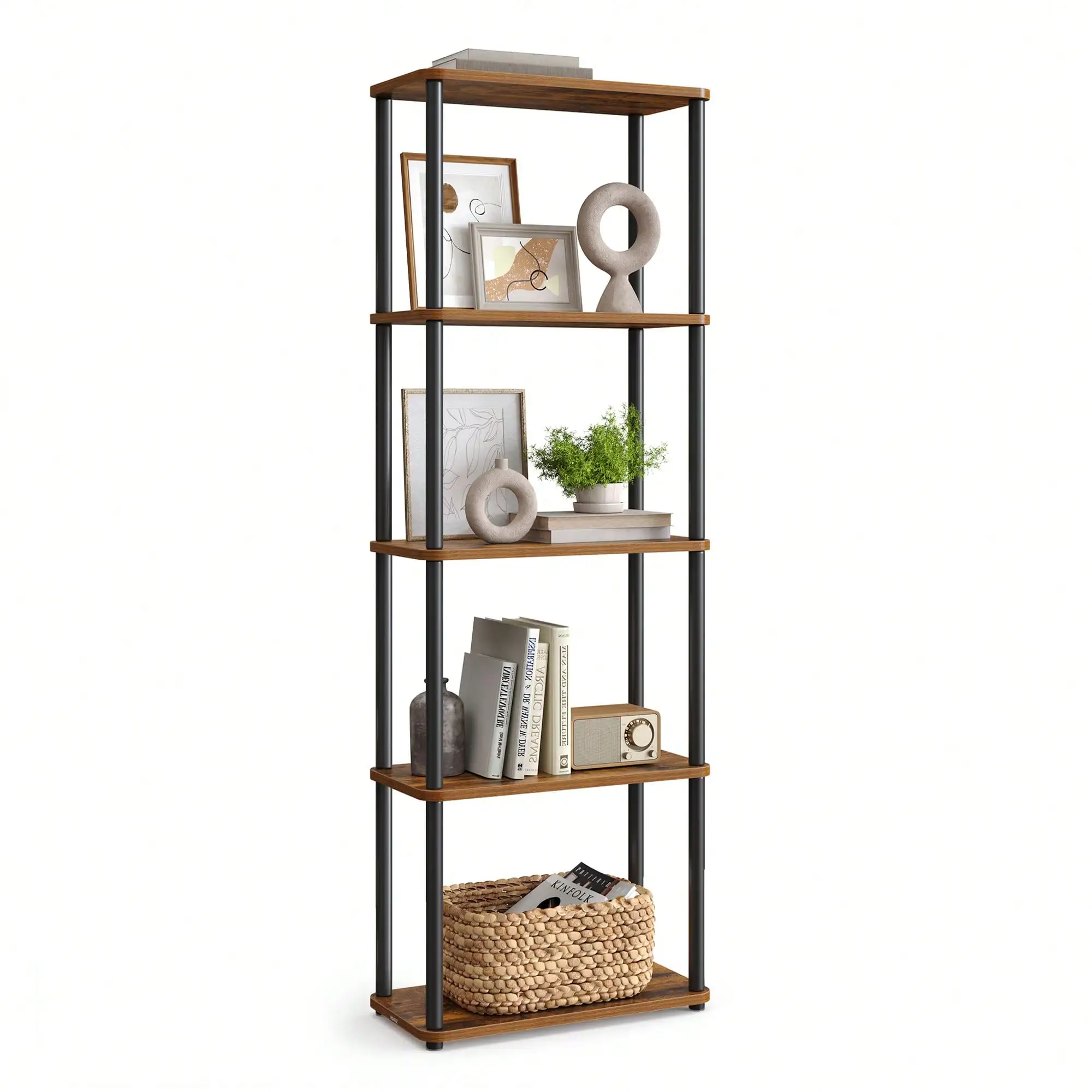 5-Tier Freestanding Bookshelf, Multipurpose Standing Storage Shelf for Living Room, Bedroom & Kitchen