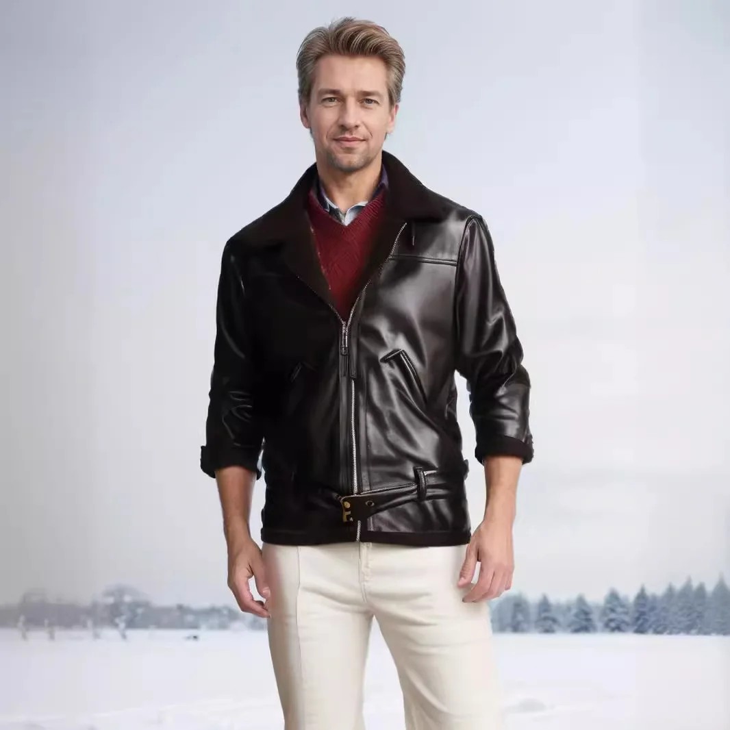 

Winter Man Leather Jacket High Street Punk Turn Down Collar Male Coat Thicken Long Sleeve Belt Windproof Men Plush Outerwear