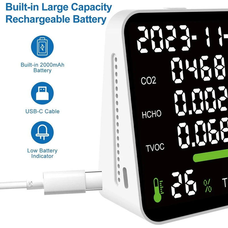 Imagem -03 - Monitor de Qualidade do ar Interior Termômetro Medidor de Umidade Tester Durável Co2 Voc Aqi Pm2.5 11 em 1