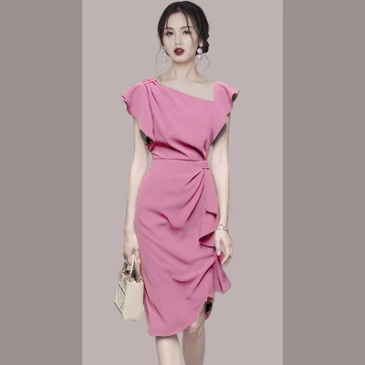 WTIANYUW High Quality Temperament Chic Women Summer Bodycom Slim Asymmetrical Collar Butterfly Sleeve Elegant Party Dress