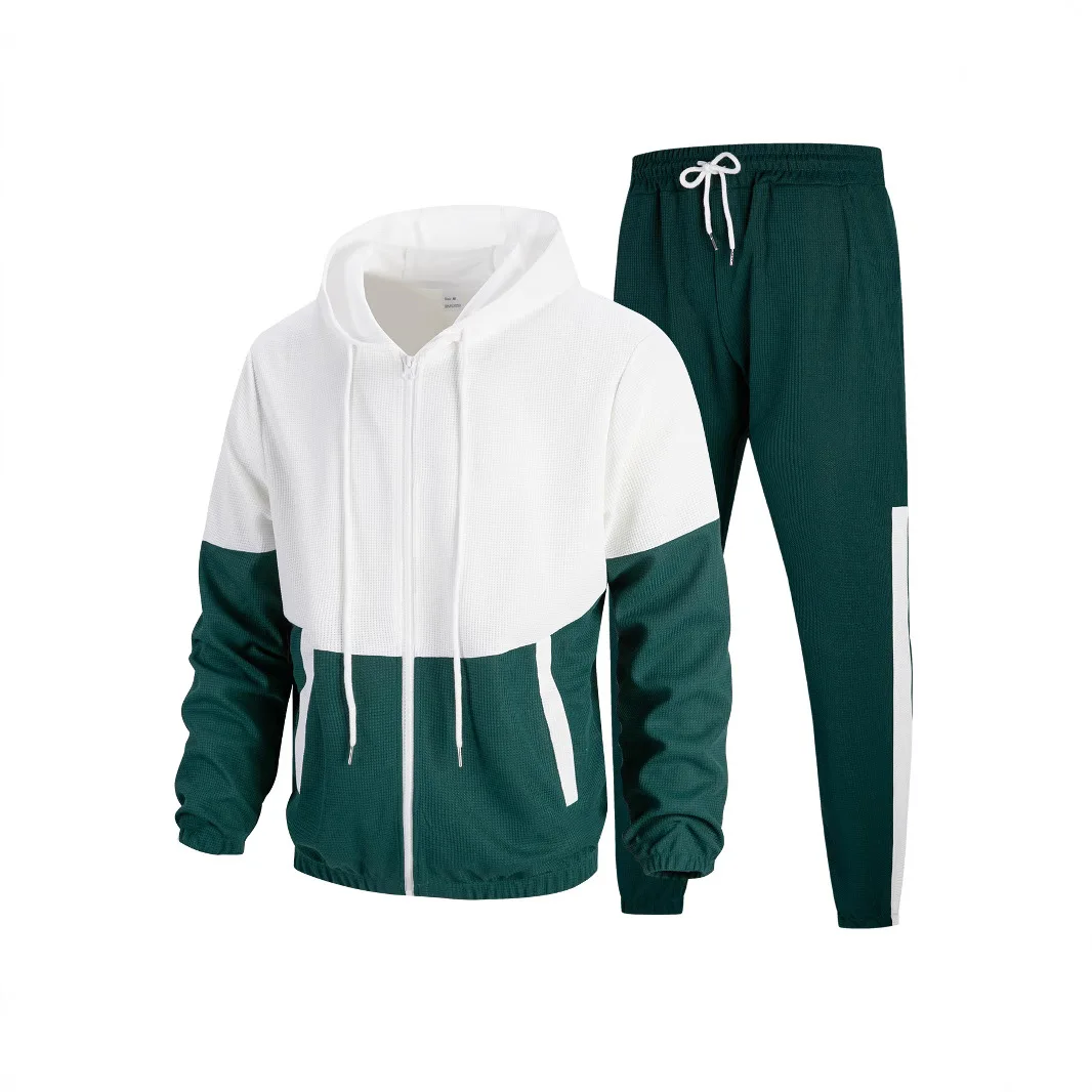 Men's New Spring And Autumn Hooded Zipper Double Pocket Splicing Color Jacket Jacket Sports Suit