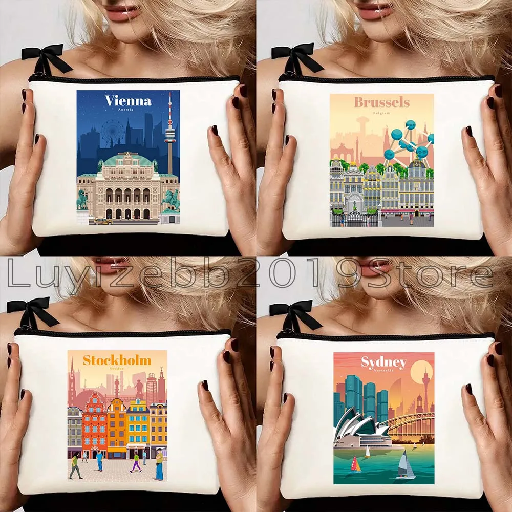 Singapore Sofia Stockholm Sydney Taj Mahal Venice Vienna Brussels Warsaw Yerevan Canvas Cosmetic Makeup Bag Pencil Case Pouch