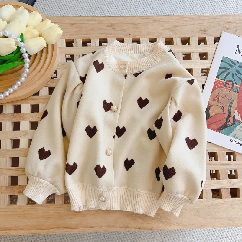 Spring Autumn Girls Knit Cardigan, Korean Stylish Lantern Sleeve Heart Pattern Sweater Coat Kids Fashion Outer Top