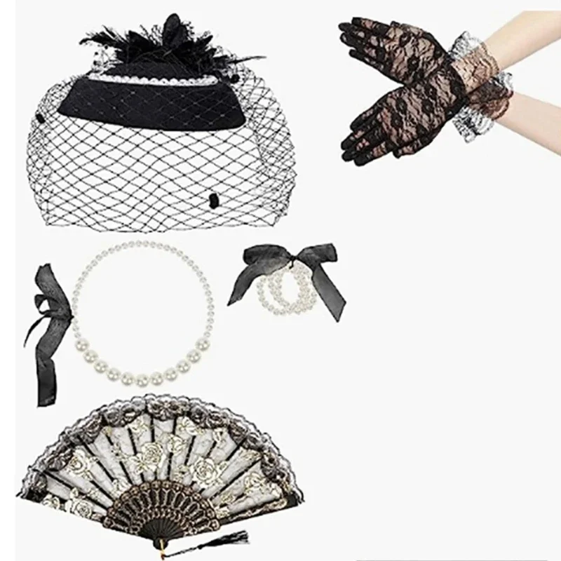 Chapeau bandeau fête pour enfants filles, gants courts en dentelle, collier perles, accessoires Costume Cosplay pour