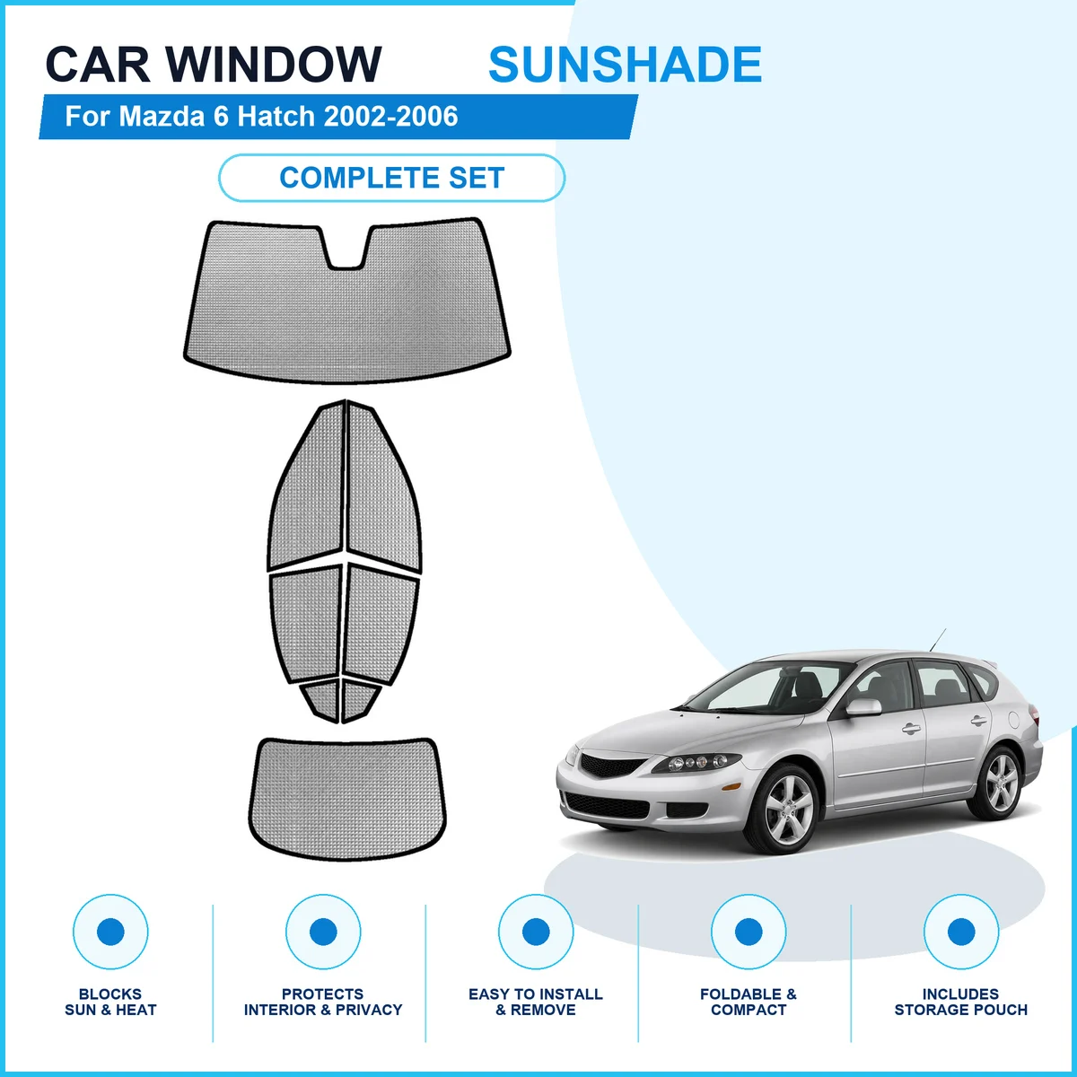 For Mazda 6 Hatch 2002-2006 Custom Full Set Window Sunshades Aluminum Foil Suction Cup Anti UV Privacy