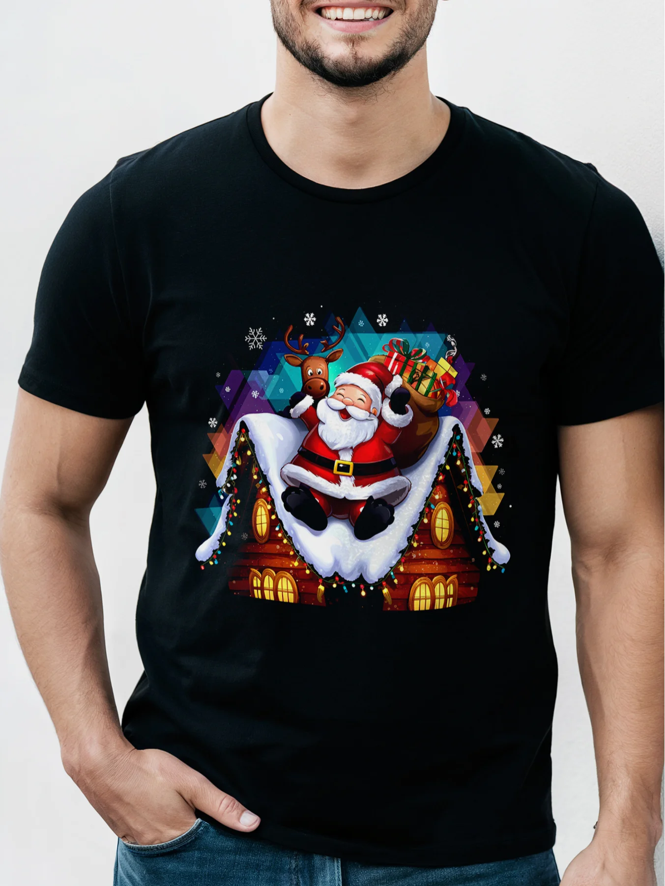 

1 шт. Мужская рождественская футболка — принт Санта-Клауса и оленя, повседневный круглый вырез, хлопчатобумажная трикотажная ткань с легкой эластичностью, стандартный крой, S