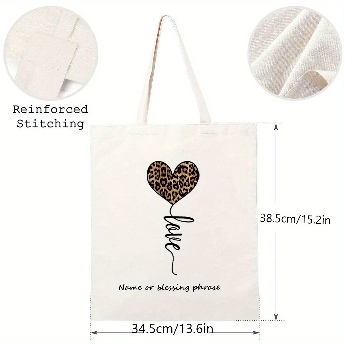 Customizable Leopard Print Heart Canvas Tote Bag, 'Love' Design, Personalized Gift for Her, Reusable Bag