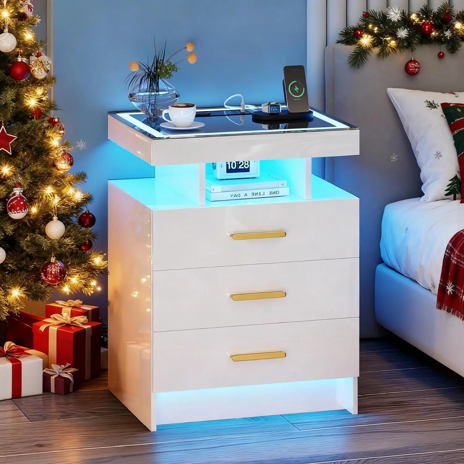 

White Nightstand Wireless Charging 3 Drawers Glass Top LED Dimmable Bedroom End Table,Customized