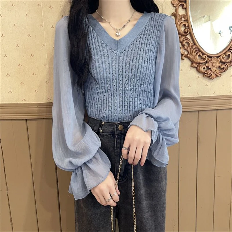 Korean Style V Neck Patchwork Sweet Chic Knit Tops for Women New Spring Autumn Casual Long Sleeve Solid Slim Blouses Clothes2023