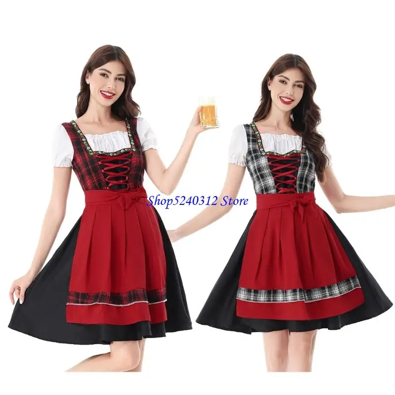 634C Disfraz Oktoberfest para adultos y mujeres, trajes cerveza bávara alemana, vestido tirolés con delantal para fiesta