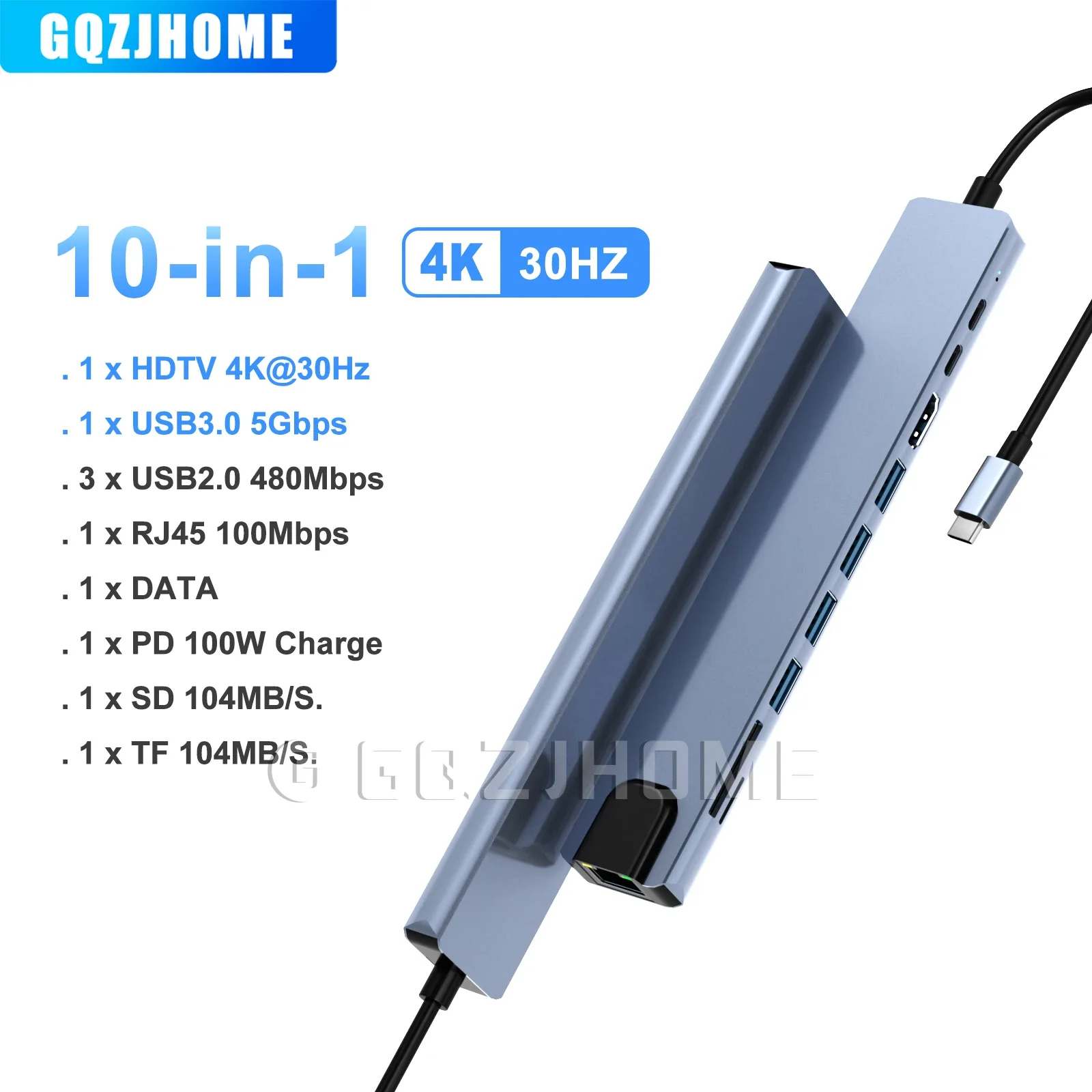 

Док-станция 10 в 1 USB C-концентратор 4K30 Гц, совместимая с HDMI RJ45 Ethernet PD100W для MacBook iPad Huawei Sumsang Phone