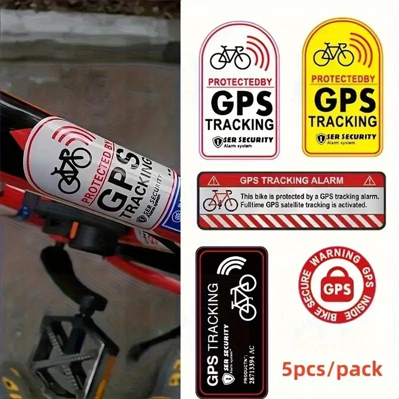 5Pcs Red GPS Tracking Warning Stickers, Waterproof PVC High Visibility Decals for Motorcycle, Scooter & Bicycle Anti-Theft