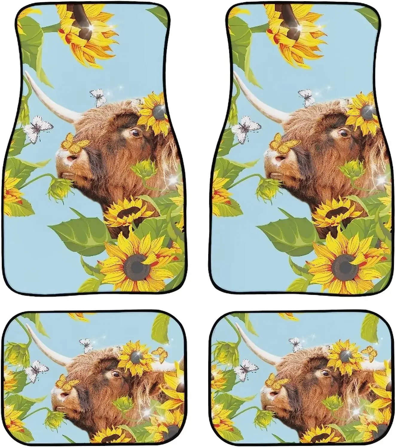 Sunflower Highland Cow Cattle Cute Print 4 Pcs Car Floor Mats Set Front and Rear Carpets Pads Mat Protection Automotive Mats