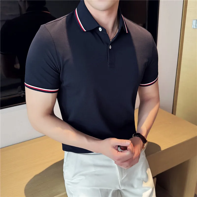 Men's Premium Textured Stripe Polo Shirt – 70% Cotton Stretch Fabric, Slim-Fit & Breathable for Sophisticated Casual Style M-4XL