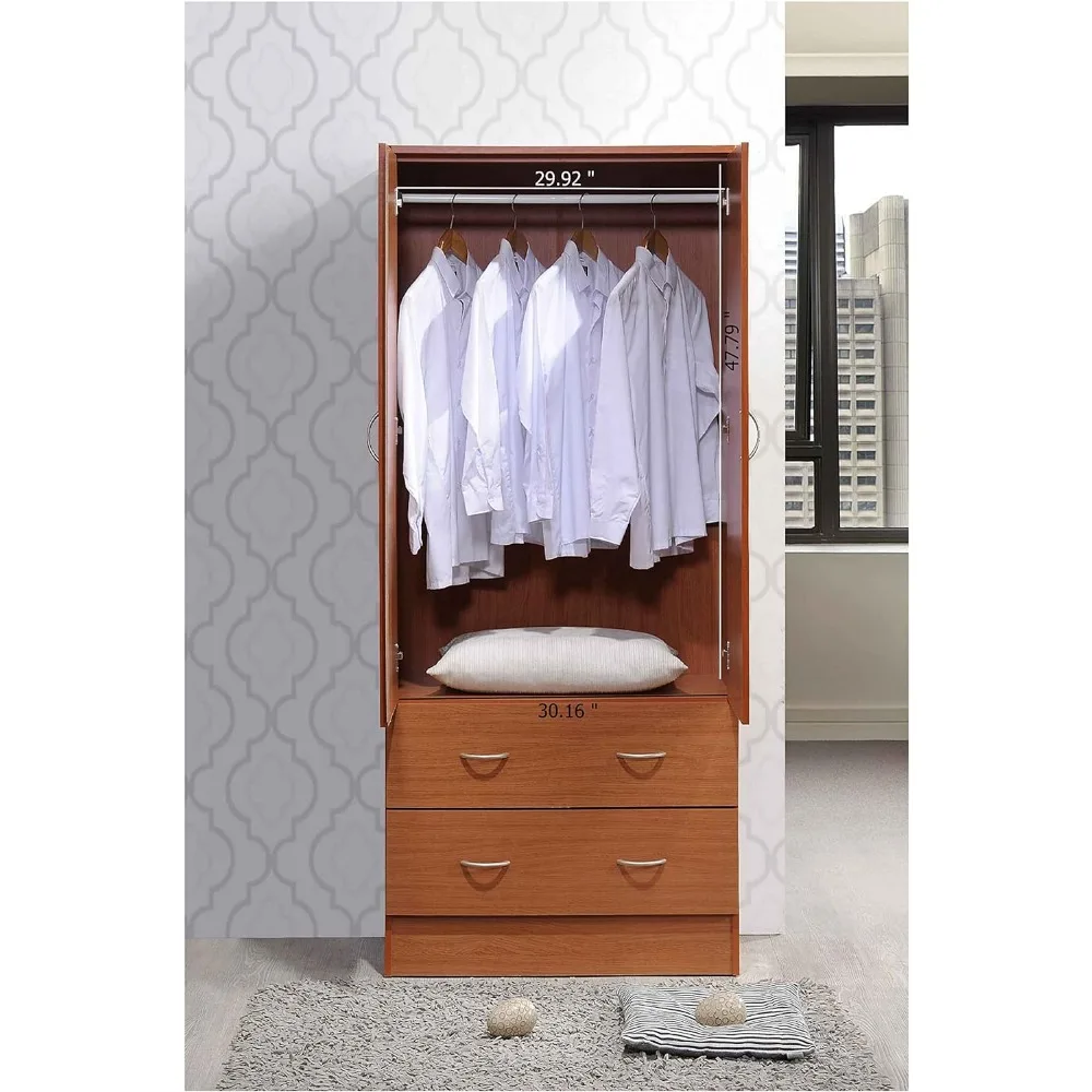 2 Door Wood Wardrobe Bedroom Closet with Clothing Rod inside Cabinet and 2 Drawers for Storage, Cherry