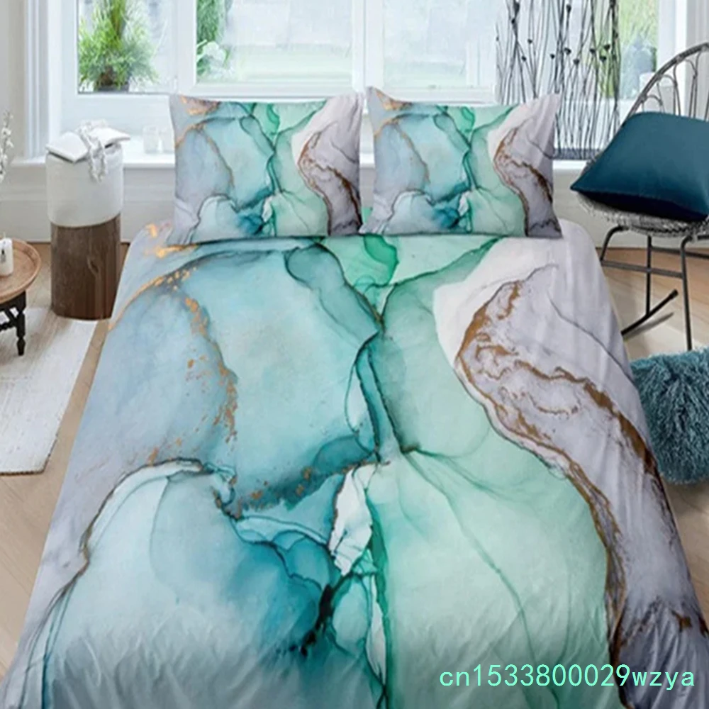 Chic Marble Duvet Cover Microfiber Mint Gold Glitter Turquoise Bedding Set Abstract Aqua Blue Quilt Cover Single Twin Full Size