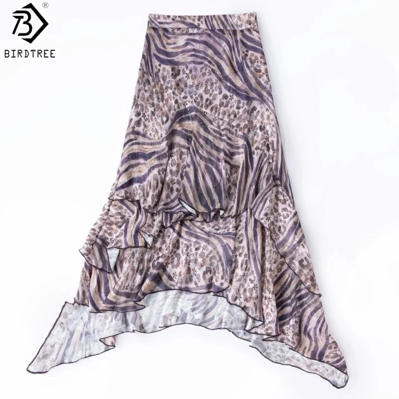 Birdtree, 100% Real Silk Zipper Skirt, Irregular Hem, Double Layer, Women's Cut Voile Print Skirts, 2026 Autumn New D68804JF