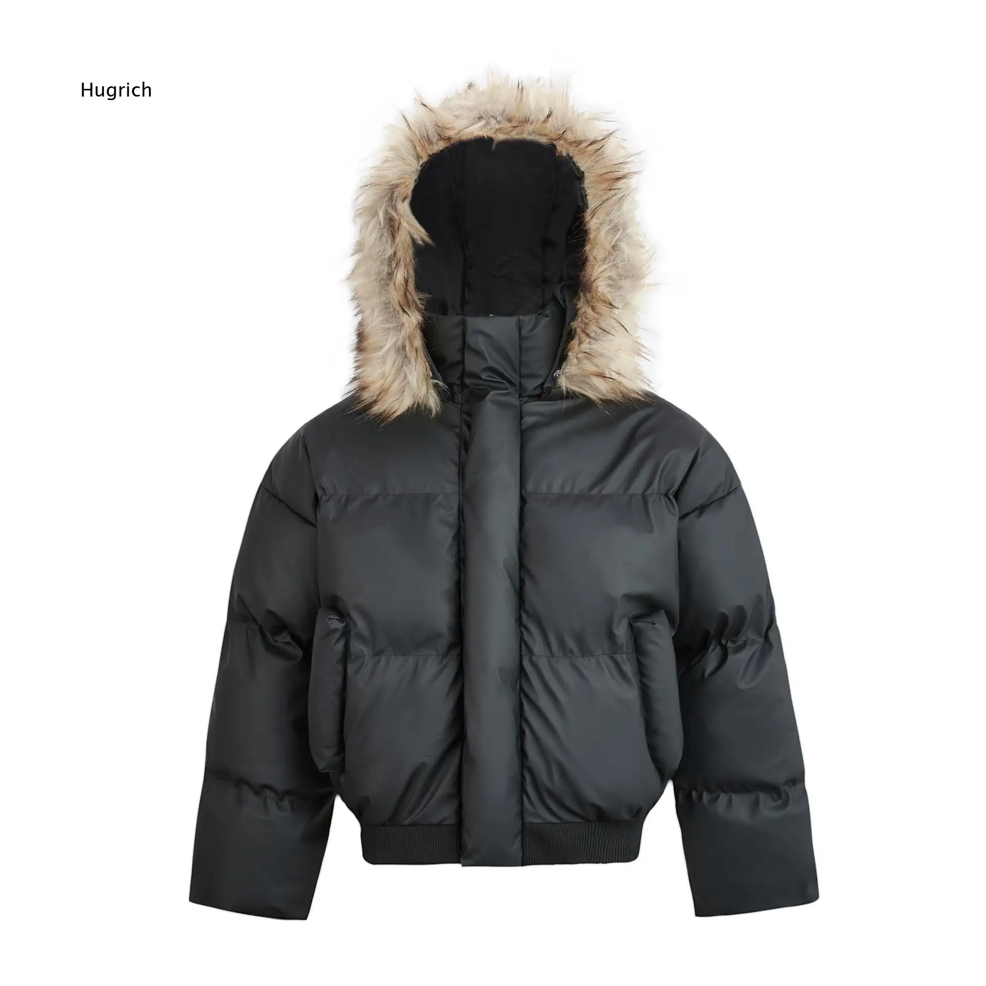 Men Cropped Puffer Jacket Faux Fur Trim Hood Long Sleeve Zip Outerwear Ribbed Hem For Autumn Winter Street Daily Outfits