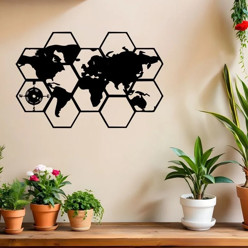 CIFbuy Metal World Map Wall Art Hexagon Geographical Decor Interior Gift