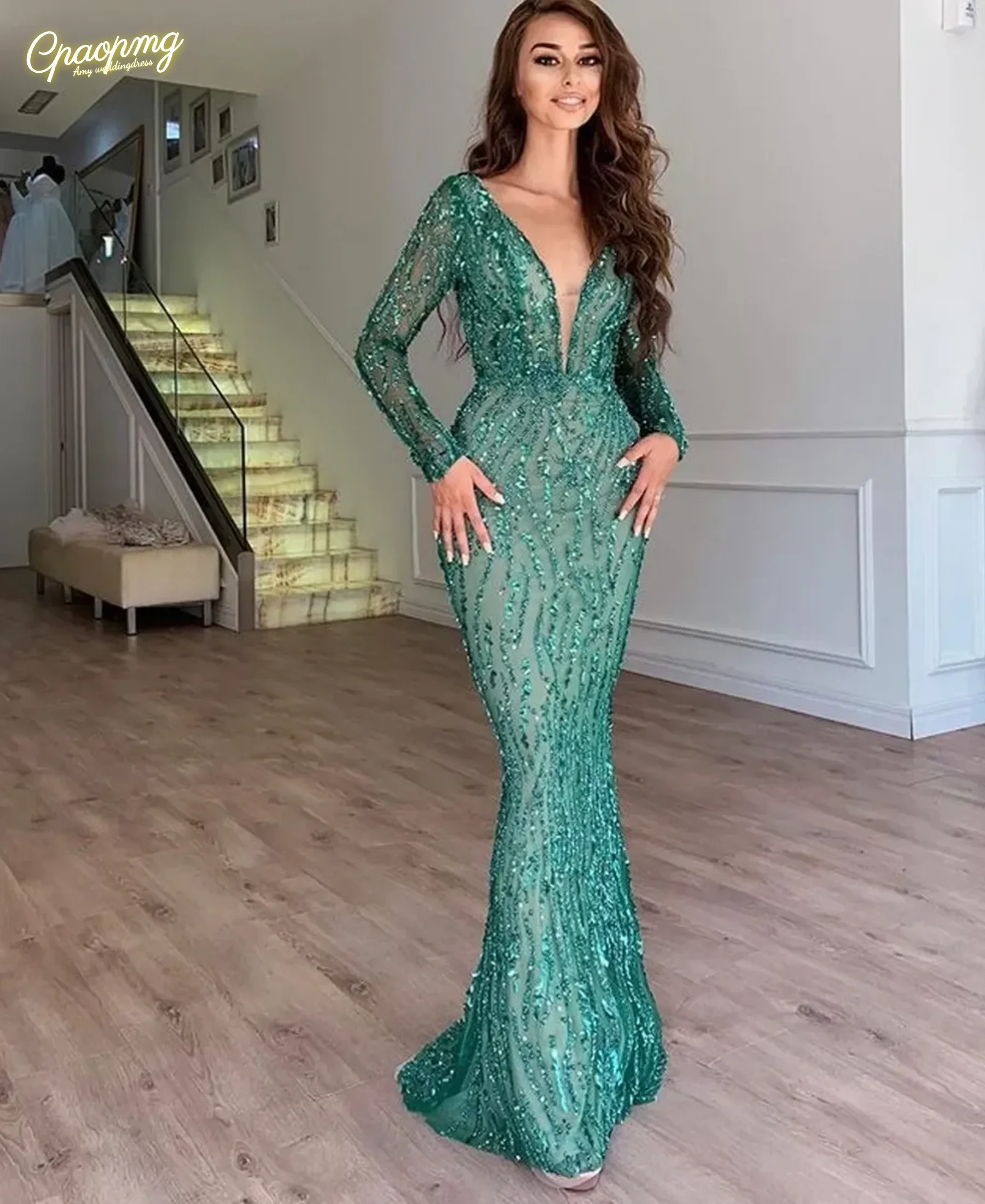 Customized Green Beaded Prom Dress Mermaid Formal Party Ball Gown Long Sleeve Evening Dresses V-neck Pageant Drseses Plus Size
