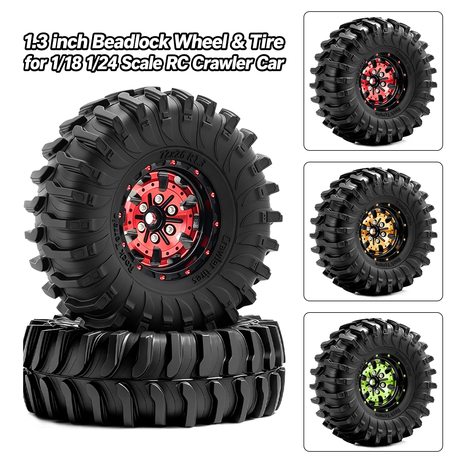 RCMMTING 4pcs 1.3 inch Metal Beadlock Wheel Hub Tire 72*26mm for 1/18 TRX4M 1/24 Axial SCX24 AX24 RC Crawler Car Upgrade Parts