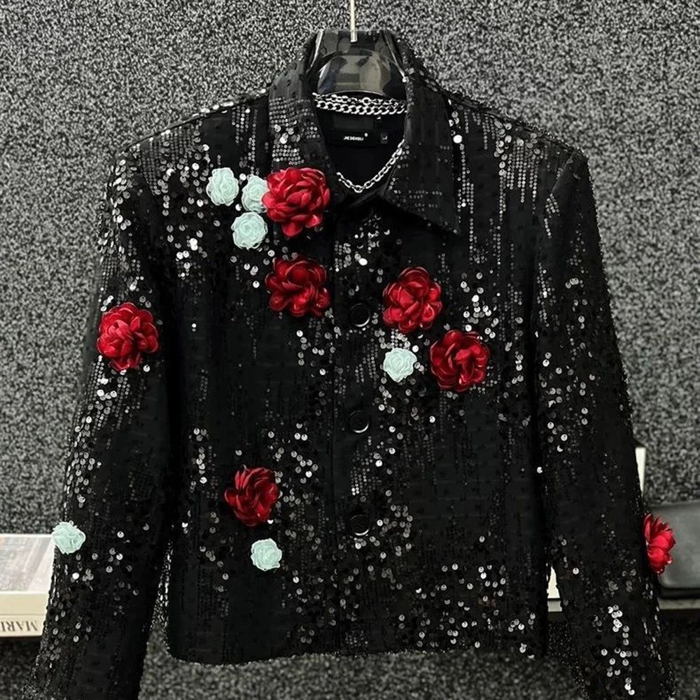 2026 Autumn New Men's Sequined Long-Sleeve Jacket American Retro Fashion Trendy High Street Light Luxury Loose Niche Men's Top