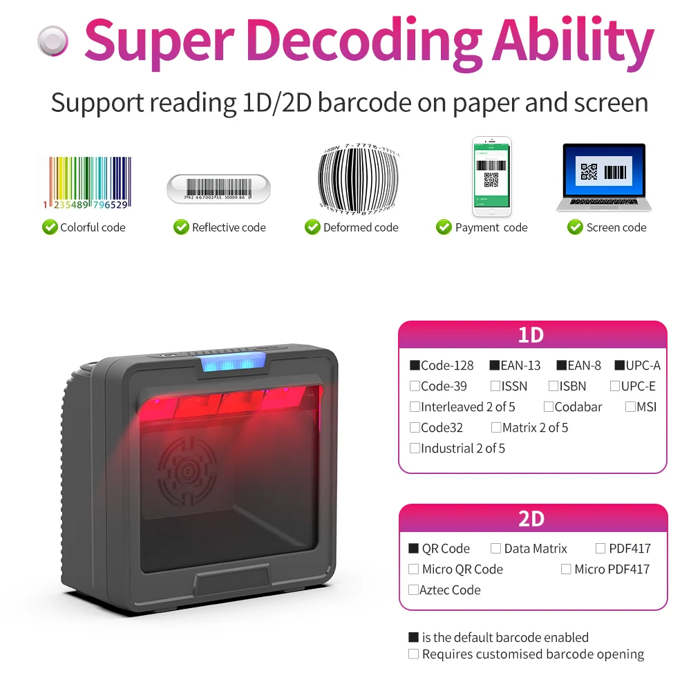 GTCODESTAR USB Embedded Barcode Scanner 2D Image Omni Directional Scanners 1D Wired Barcode Reader Desktop Qr Bar Code Scanner