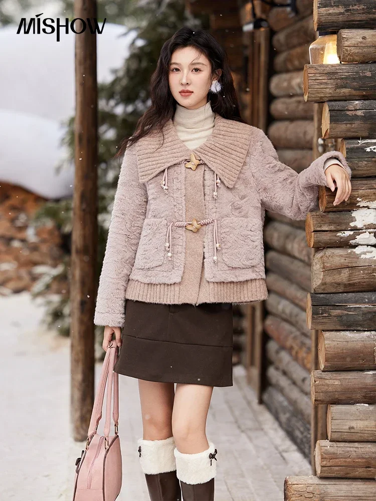 MISHOW Leather Fur Coat Spliced Fur Knitted Turn Down Collar Warm Butterfly Button Lamb Wool Jacket Women Clothes MXD58W0593