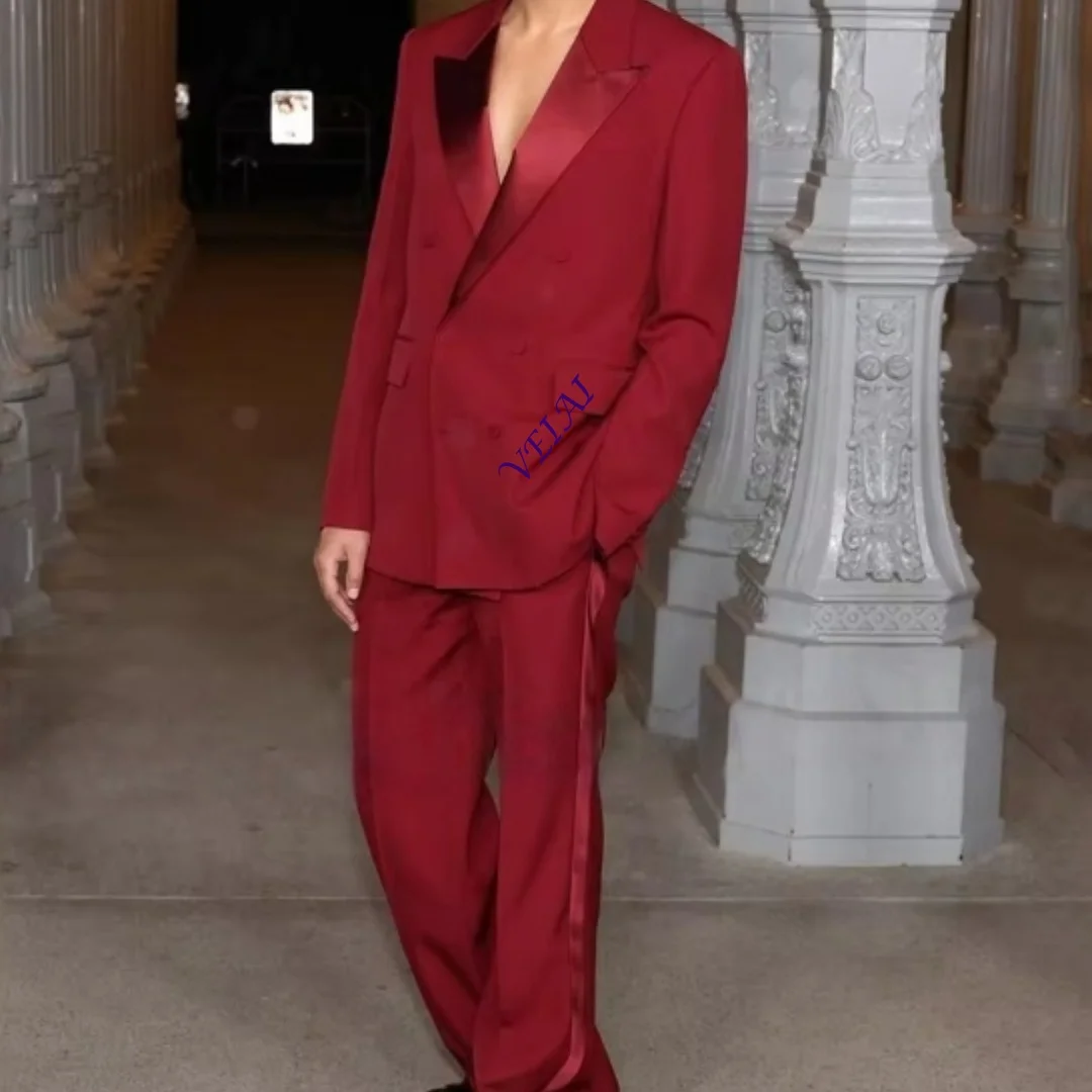 Men's Casual Satin Suit Set Loose Fit Two-Piece Peaked Blazer with Lapel High Street Chic Prom Club Male Clothing Customizable