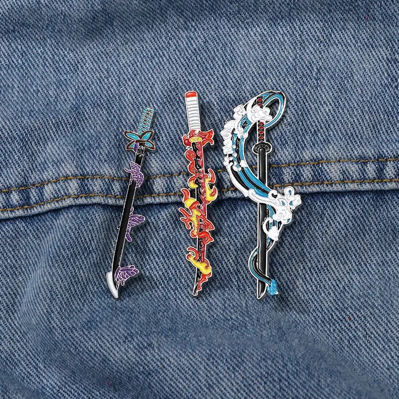 4Pcs Anime Katana Series Pins Set Pretty Sea Wave Fire Butterfly Snake Around Nichirin Sword Enamel Brooches