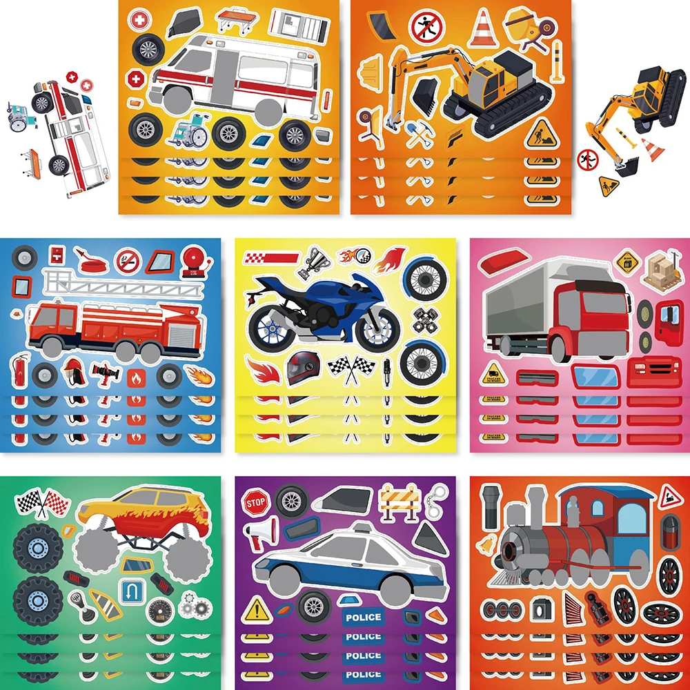 8/16Sheets DIY Engineering Car Puzzle Stickers Make a Face Children Create Your Own Motorcycle Train Truck Jigsaw Game Kids Toy