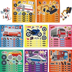 DIY Engineering Car Puzzle Stickers, Make a Face, Children Create Your Own Motorcycle, Train, Truck, Jigsaw Game, Kids Toy, 8 Sheets, 16Sheets