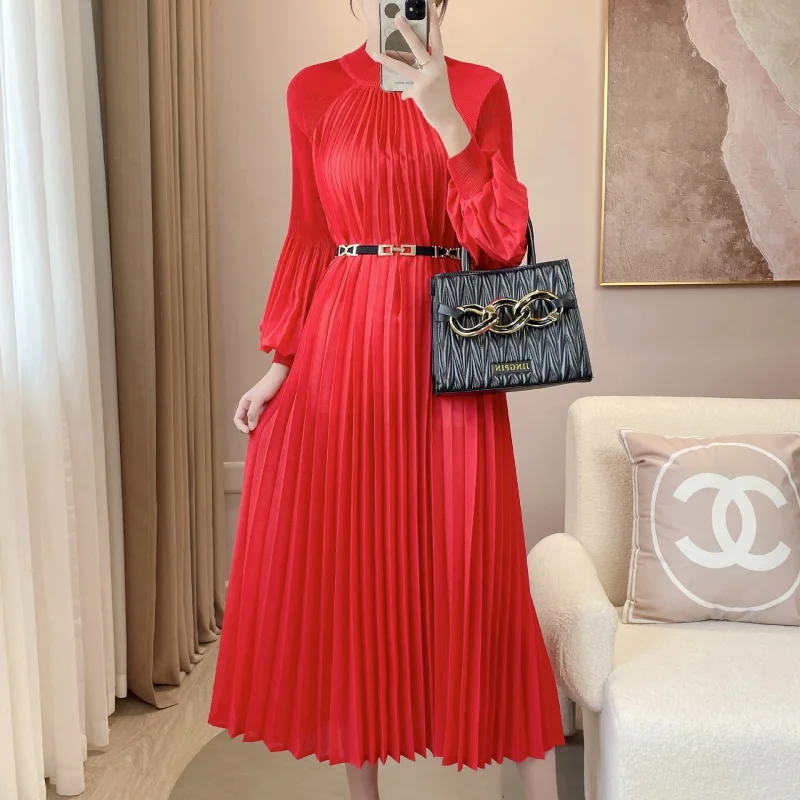 Pleated Temperament Small Turtleneck Solid Color Goddess Long Sleeve Dress Versatile Younger Fashion