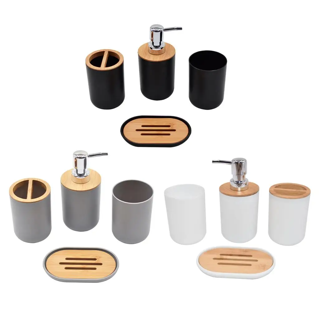 Plastic Wood Bathroom Decor Set Soap Dispenser Toothbrush Holder Cup Soap Box Organizer Kit for Home Toilet Countertop Modern
