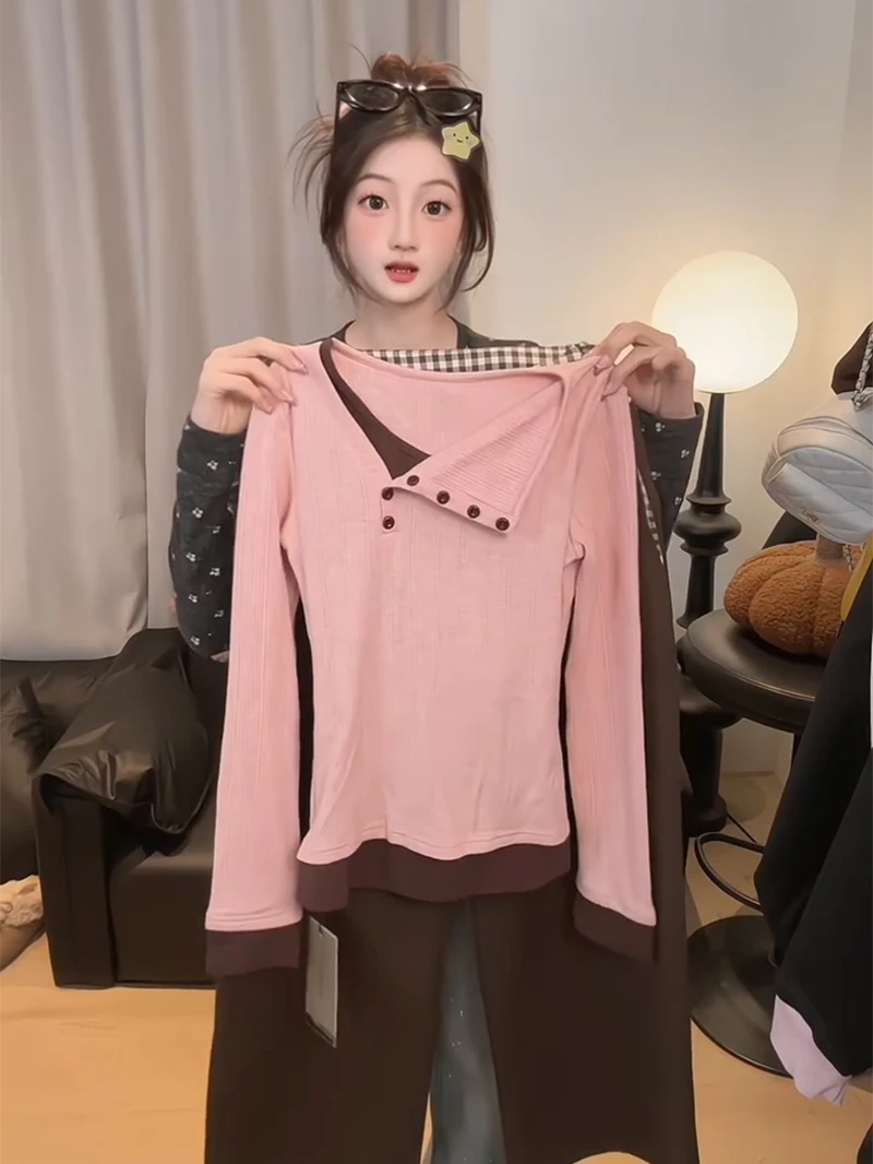 

Gentle Wind Color Blo Long Sve Collared T-irt Women's Slim Fit Slimming Fake Two-Piece Design Spring Autumn Top