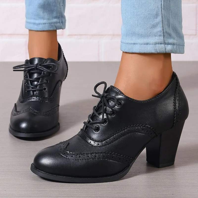 British Women ankle boots Oxfords High Block Heels Pumps Brown Leather Round Toe Dress Office Ladies Lace-up Vintage Shoes