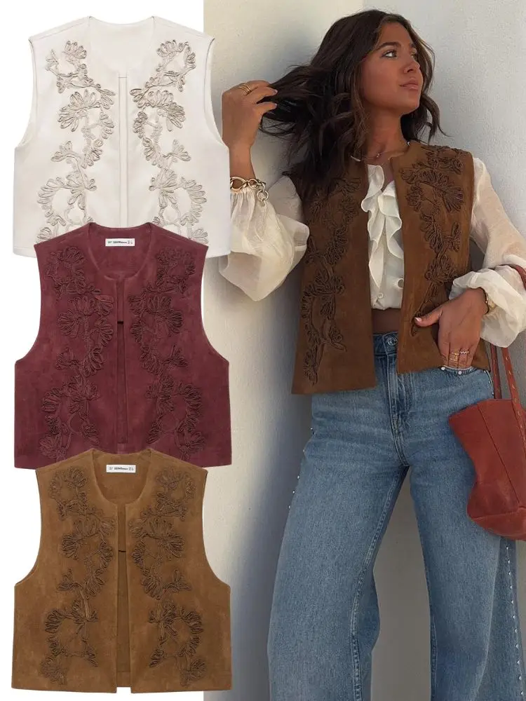HH 2025 Vintage Women Suede Texture Embroidered Vest Top Female Loose Sleeveless Soild Waistcoat Lady High Street Outwear