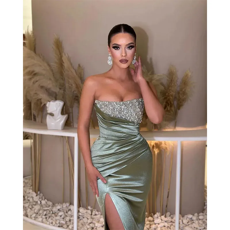 Elegante vestido de graduación verde sin tirantes, vestido de noche de fiesta, plisado, abertura hasta el muslo, vestido Formal largo para ocasiones especiales