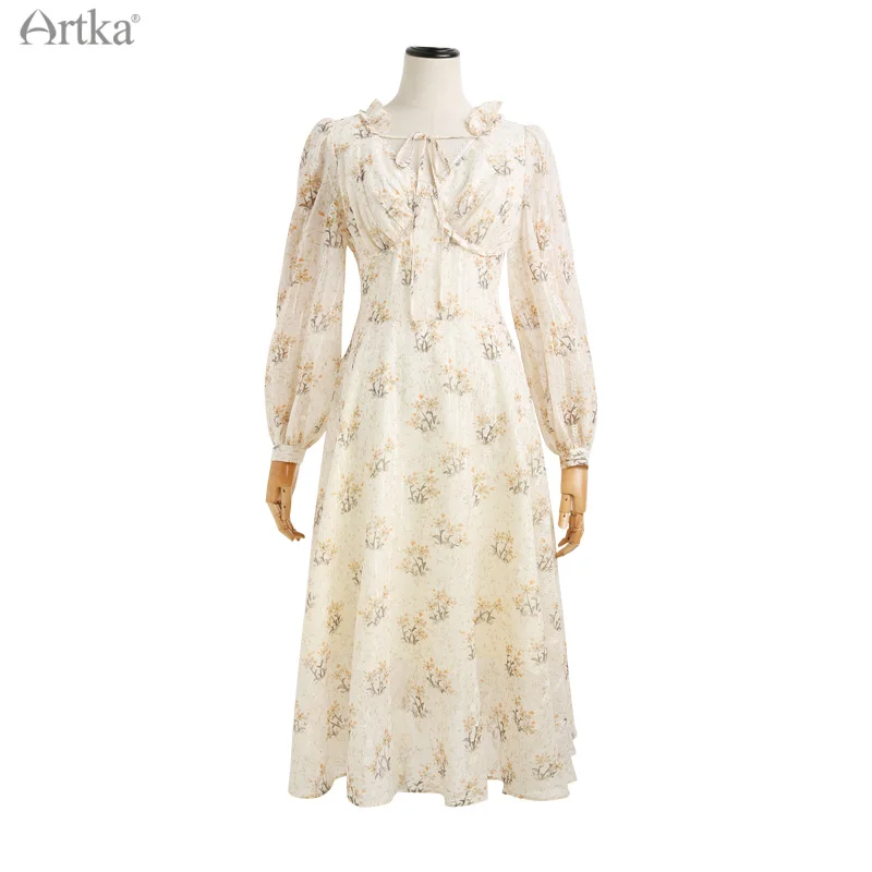 ARTKA 2022 Spring New Women Dress Elegant French Lace Ruffle V-Neck Dresses Long Sleeve Chiffon Floral Midi Dress LA20015Q