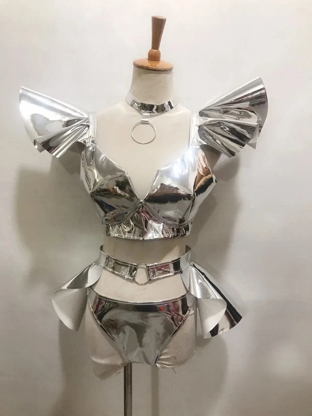 Silber Fluoreszierendes Gelbes Lackleder Bikini Minirock Festival Party Show Rave Dance Outfit Sexy Sänger Bühnenclub Kostüm