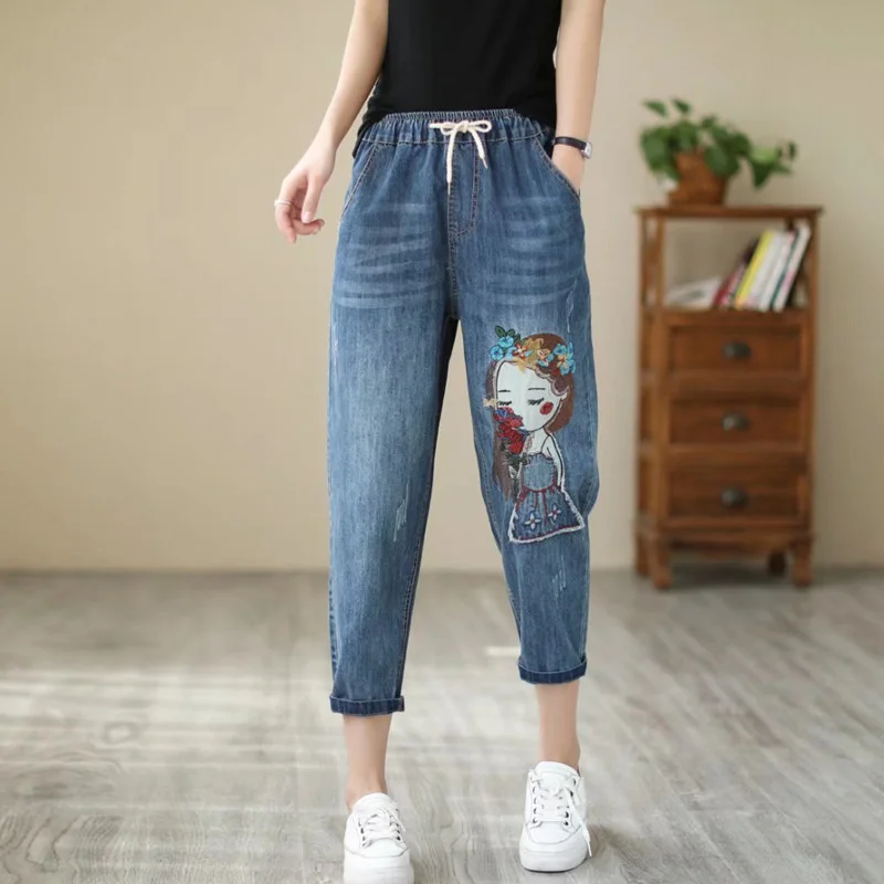 

Embroidered Baggy Jeans 2023 Summer Women's Denim Capri Fashion Ripped Hole Elastic High Waist Causal Vintage Loose Harem Pants