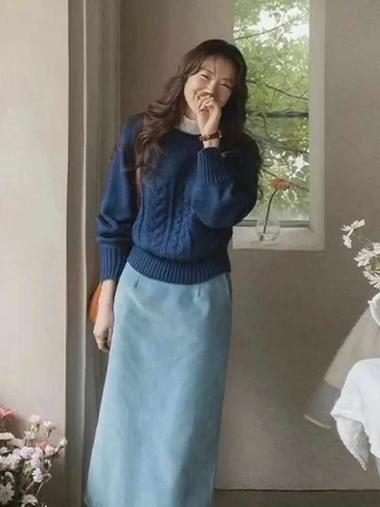 시크 빈티지 롱 슬리브 여성 니트웨어 라운드 넥 부드럽고 편안한 겨울 상의 출퇴근용 기타 소재 00%