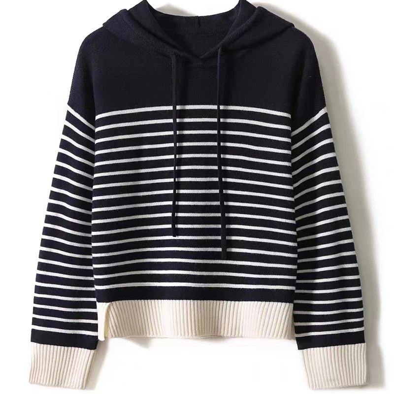 2024 New Female Wool Stripe Hoodies Autumn/Winter Women Loose Casual Hooded Sweater Long Sleeve Knitted Pullover Fashion  Jumper