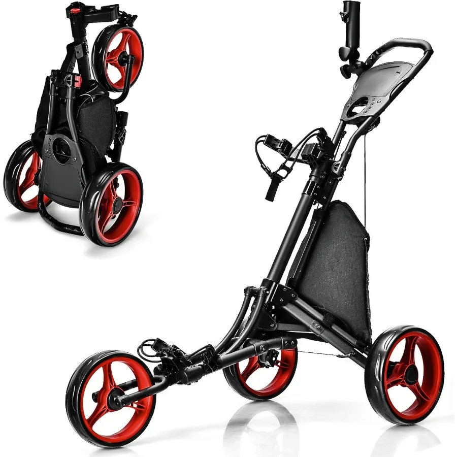 

Ultimate 3-колесная тележка для гольфа с алюминиевой рамой для легкой транспортировки и хранения. Держатель для зонта с эластичным ремешком. Чашка H.