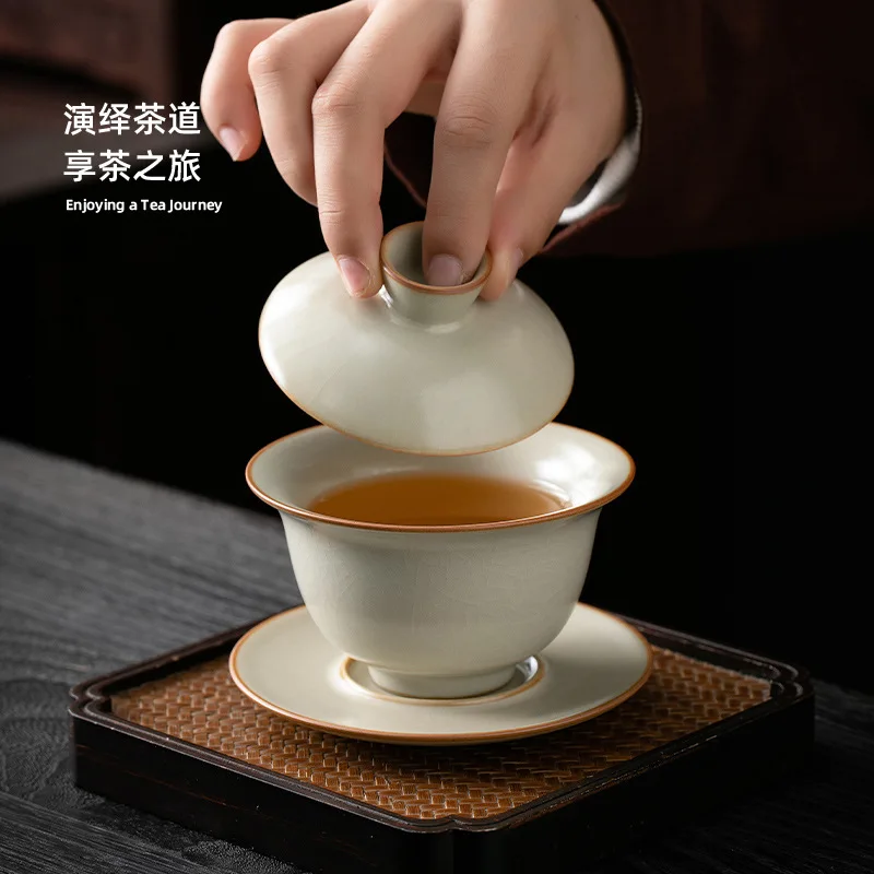 Beige yellow Ru kiln three cover bowl teacup single high-grade anti-ironing with cover tea fair cup three-piece teaware sets