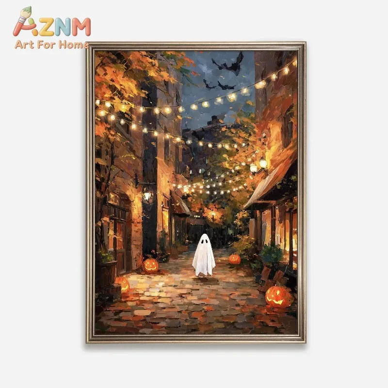 Vintage Painting Ghost Walking Autumn Street String Lights Pumpkin Bat Halloween Canvas Poster Prints Frameless Wall Art Decor