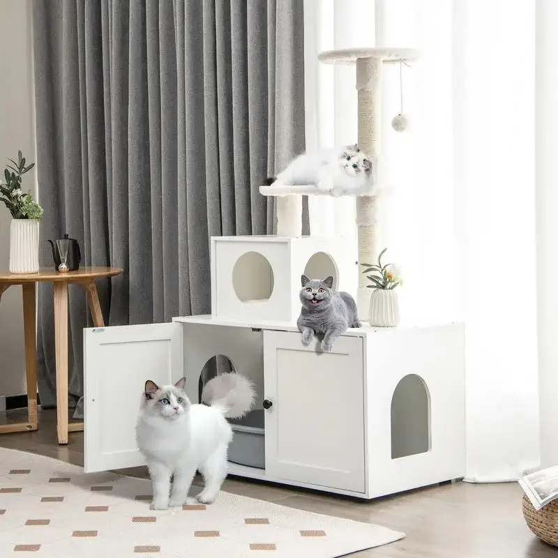 Arbre à chat avec enclos pour litière et condo pour chat - Blanc, design multi-niveaux pour grimper, se reposer et gratter, répond aux besoins d'activité quotidiens des chats.