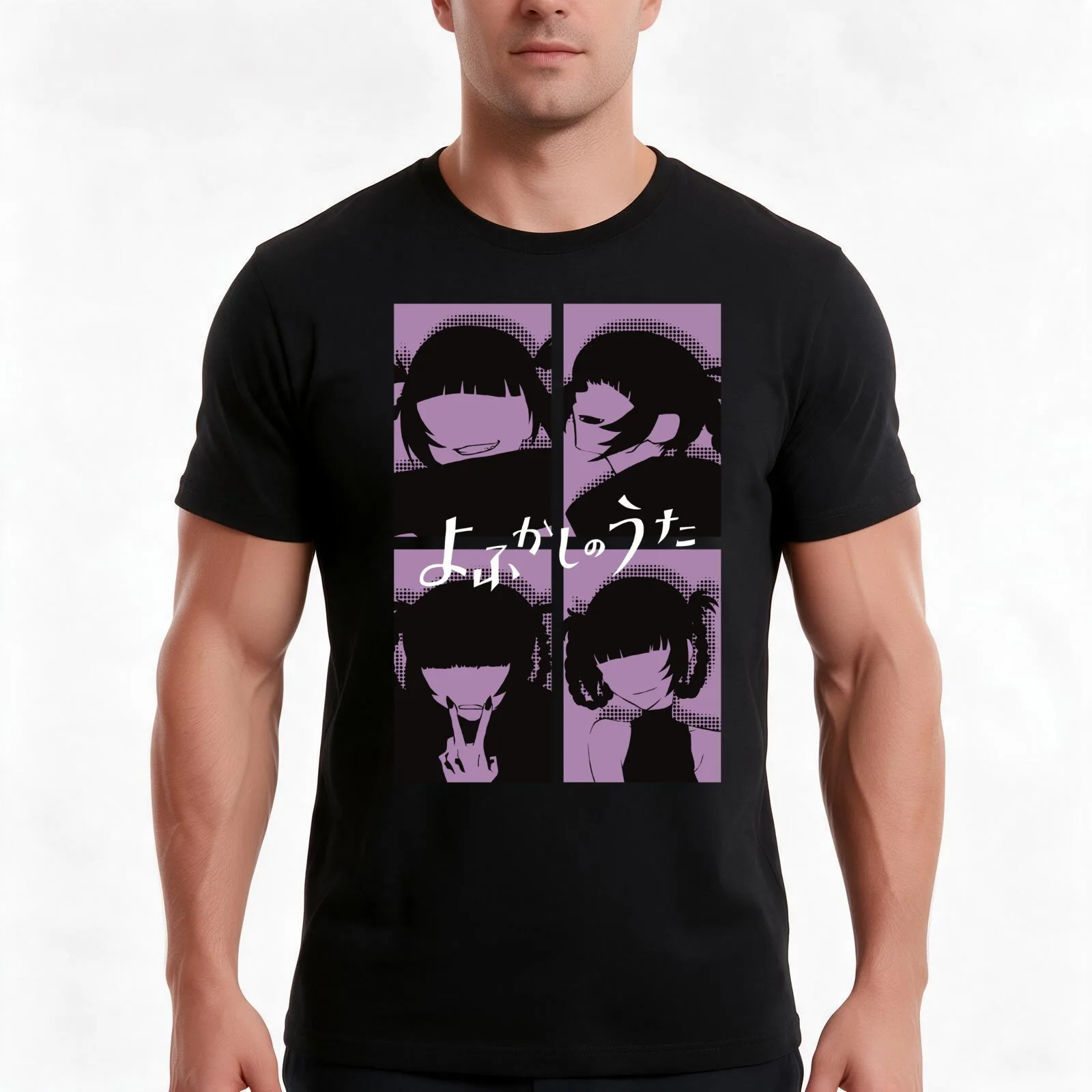Call of the Night Anime Characters Nazuna Nanakusa Face without Eyes in Cool 4 Panels Pop Art Style with Yofukashi no Ut T-Shirt