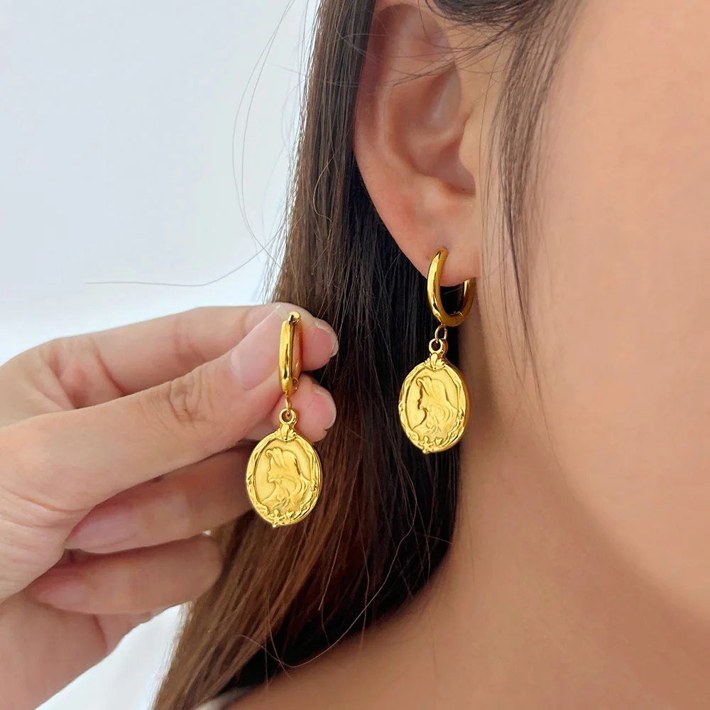 DIY accessories Fashion DIY Stainless Steel Resort Style Mermaid Double Sided 18K Gold Earrings Vintage Court Style Pendant Earr